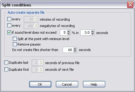 6 Using the Split conditions for batch processing Dialog The dialog looks like the following. Each of the options is described below.