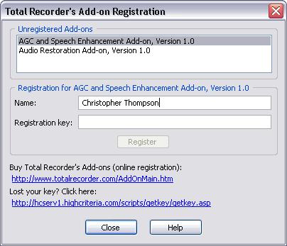 208 TotalRecorder On-line Help 5.18.3 Registering add-ons After installing an add-on, it may require registration.