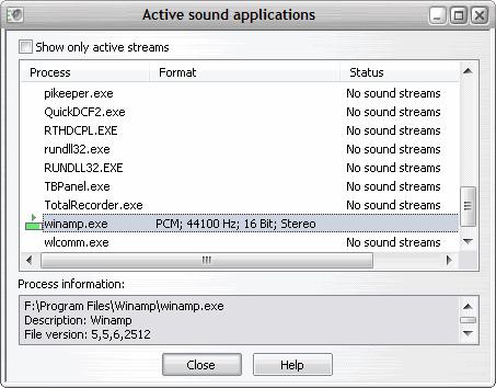 216 TotalRecorder On-line Help 5.19.4 Using the Active sound applications Dialog This dialog displays information for each of your sound applications that use Total Recorder's driver.