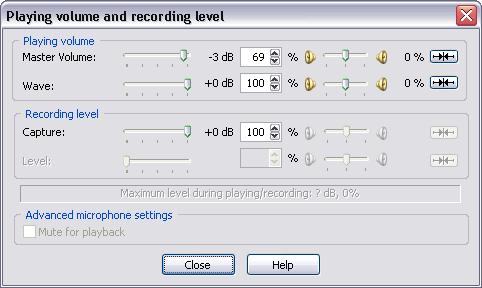 224 TotalRecorder On-line Help 5.19.8 Using the Playing Volume and Recording Level Dialog The dialog looks like this: This dialog lets you set advanced settings for playing volume and recording level.
