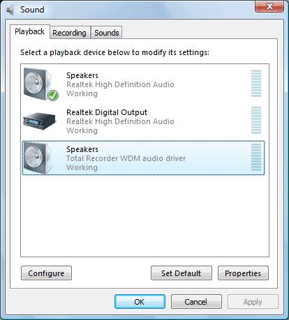30 TotalRecorder On-line Help On the "Playback" tab, select the desired device from the list, and click "Set Default".