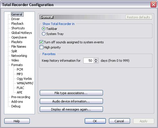 32 3.2.1 TotalRecorder On-line Help General Settings The dialog looks like this: Restore defaults Use this button to restore the default settings for this dialog.