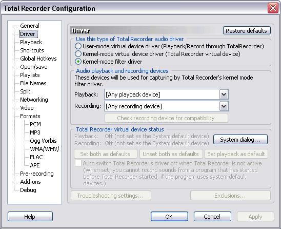 34 TotalRecorder On-line Help You require administrative rights to make changes in this dialog. Restoring a file association can sometimes be unsuccessful.