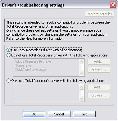36 TotalRecorder On-line Help eliminate such problems by changing the settings for your application (see Troubleshooting - Sound system or playback programs not working properly ).