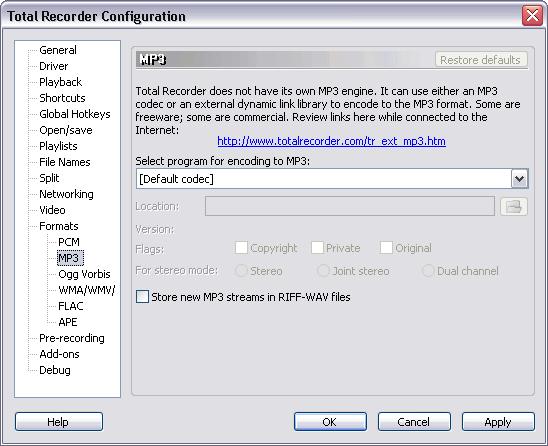 56 TotalRecorder On-line Help Restore defaults Use this button to restore the default settings for this dialog. This button is disabled if the current dialog settings are the defaults.