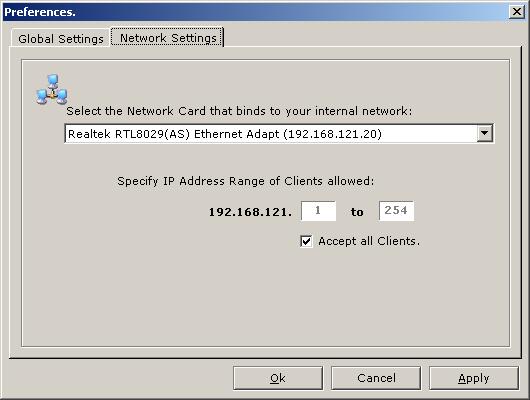 If your Server uses more than one Network card or Adapter make sure the one used for your Local Area network (Internal Network) is selected.