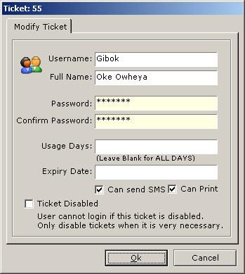 At this point you can delete a ticket, modify, add time or subtract time from the user ticket.