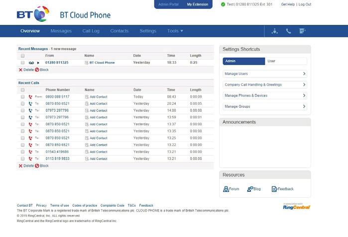 4. MY EXTENSION DASHBOARD. Every time you log in to BT Cloud Phone, you ll see the Overview screen of the dashboard.