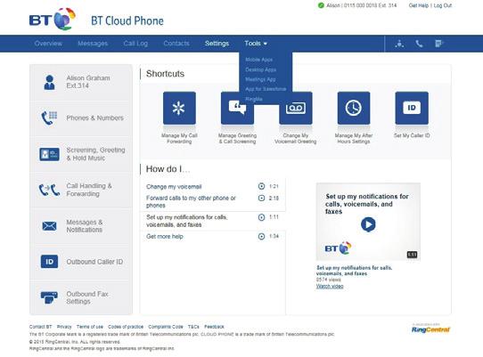 4. MY EXTENSION DASHBOARD. 4.6 Tools: Download a range of Apps from this tab so you can use your BT Cloud Phone services wherever you are, whichever device you re on.