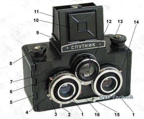 1 - taking lenses 2 - shutter adjustment ring guide 3 - threaded socket for cable release 4 - release lever 5 - side walls 6 - cocking lever 7 - camera body 8 - take up spool fastening knob Fig.