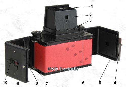 1 - magnifier 2 - frame viewfinder back window 3 - viewfinder hood lock 4 - lock of camera side walls 5 - pressure plate Fig.