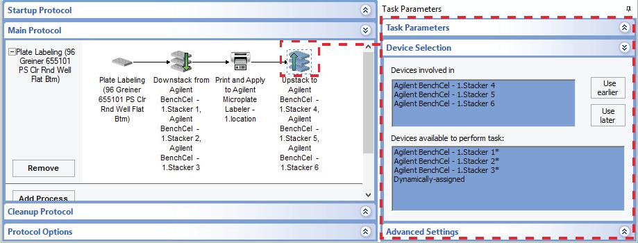 Downstack task example for a BenchCel 6R 3 In the protocol, specify the empty BenchCel stackers where the BenchCel robot will store the labeled labware, as follows: a In the Main Protocol area, click