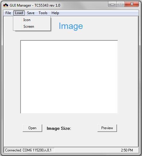 To select an image (*.bmp,*.jpg,*.gif) file from PC, click on "Open" button. The selected image will appear in the preview window and the image size will display.