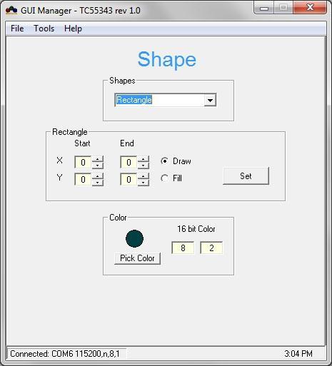 To add a Pixel to a screen: 1. Select "Pixel" from the Shapes dropdown. 2. Set the Pixel properties: X, Y coordinates and color. 3. Click on "Set" button.