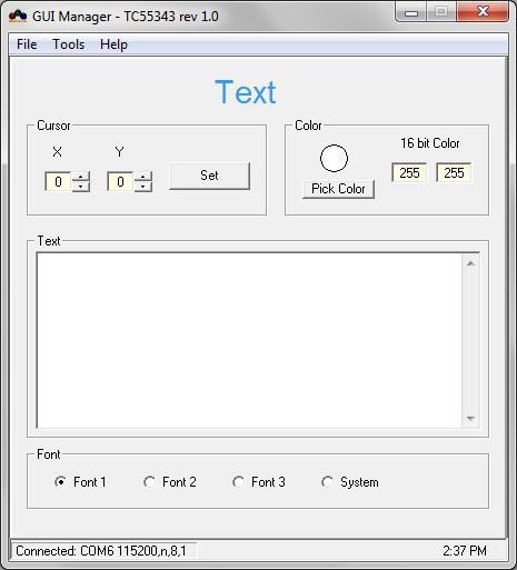 Figure 3-21: Text Utility To write text on the target screen: 1. Set cursor position (X, Y coordinates), font color and click on "Set" button. 2.