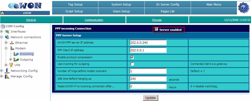 ewon Configuration for Incoming PPP Connections The ewon PPP configuration page can be reached on the web page (starting from the main page, see above) following the link: Configuration System Setup