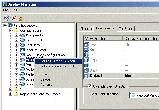 8 To set the current display configuration, in the left pane of the Display Manger dialog box, right-click AccuRender, and select Set to Current Viewport.