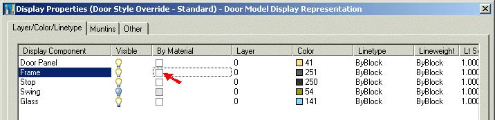 5 In the Display Properties (Door Style Override Standard) dialog box, in the