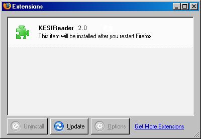 The Extensions dialog box appears, displaying the KESIReader extension, confirming a successful