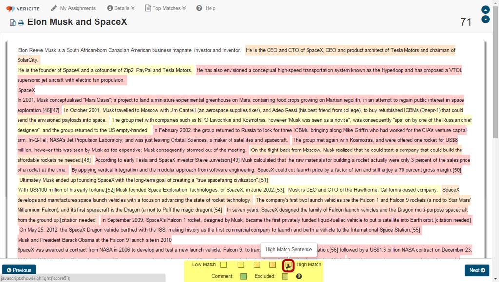 Interactive Highlight Legend. The report displays matching text highlighted in the colors noted in the legend at the bottom of the report.
