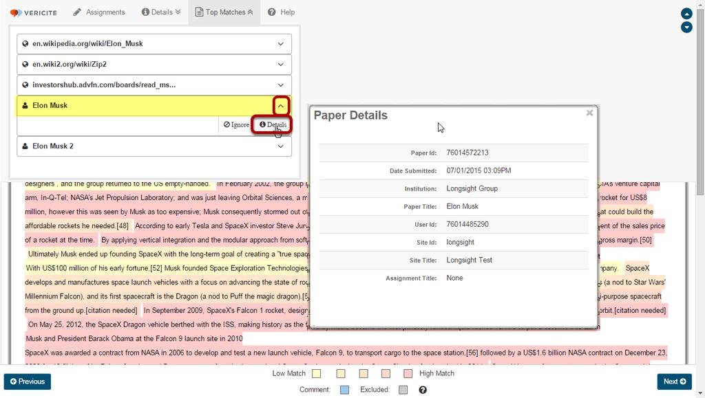 Click the X in the right corner of the source view to return to the overall report. Student Paper Matches.
