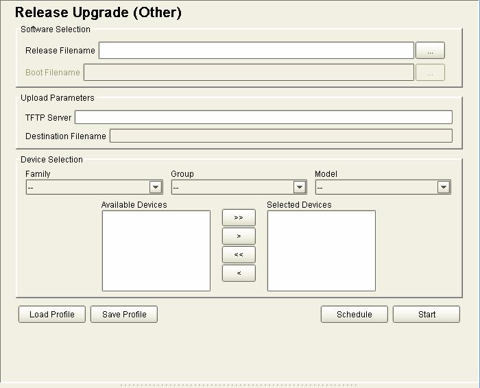 Devices that do not use AlliedWare software can be upgraded with new software release files through the Release Upgrade (Other) Operation pane.