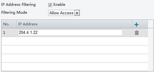 Click Setup > System > Security > IP Address Filtering. 2. Select Enable. Select the filtering mode and then enter the desired IP addresses.