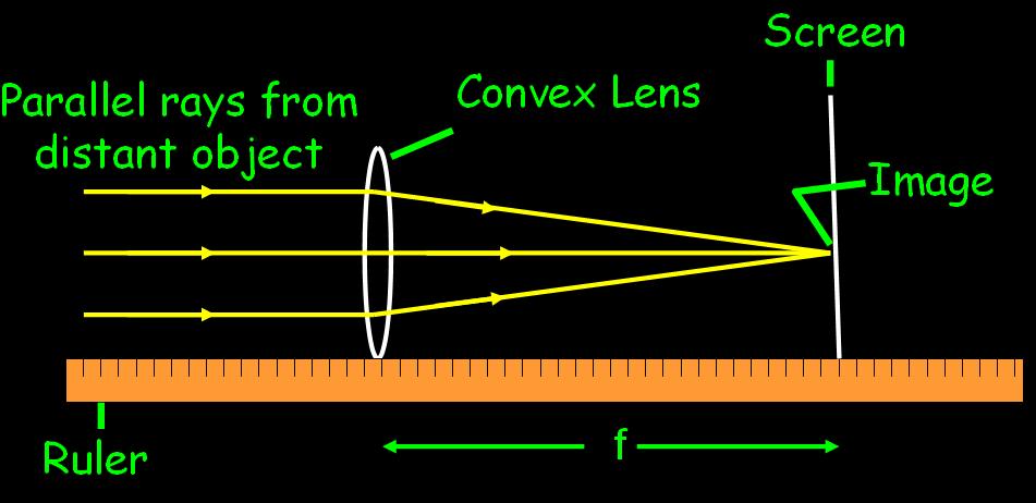 1. Set the apparatus up as shown 2. Adjust the position of the lens until a sharp image of a distant object ( e.g. the Crombie) is formed on the screen.