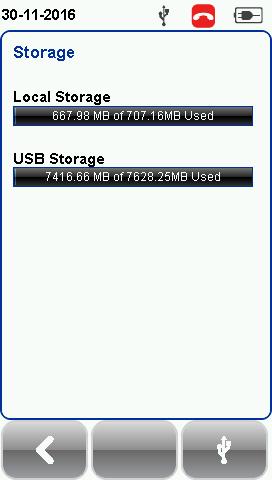 4.2.2.5.7 Storage Press the [SETUP] button System Settings Settings 2 Storage to view available storage space on WireXpert and USB flash drive if inserted.