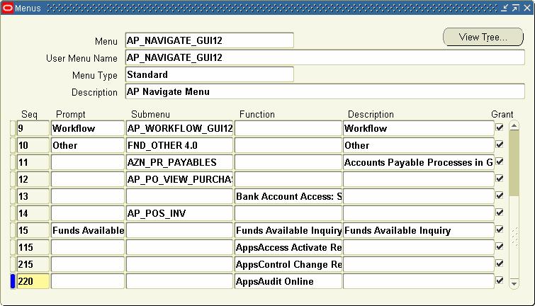 Chapter 5: AppsAudit Online Form 3 Close the Responsibilities form and open the Menus form.