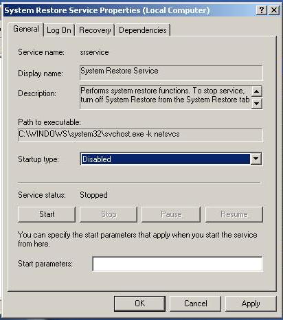 (5) Click "System Restore Service" -> Press the right key of mouse -> Properties -> Please "stop" the