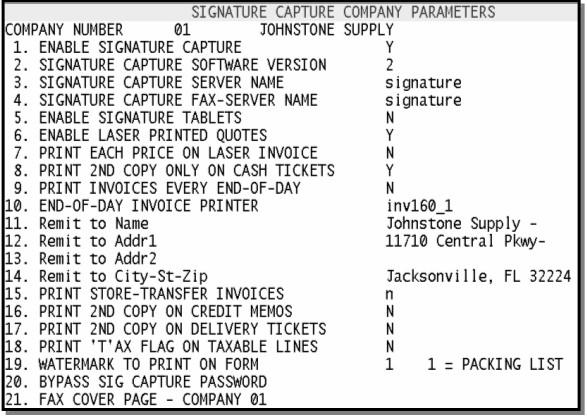12 Signature Capture Company Parameters Enter Company number at prompt To setup and enable Signature Capture, fill in all fields by selecting the