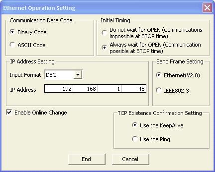 2. At the Ethernet Operation Setting window, one can configure the IP address of the Ethernet module. a. Set the Communication Data Code to Binary b. Check the Enable Online Change checkbox c.