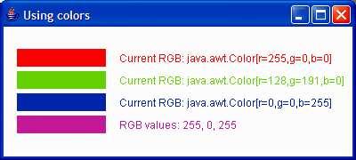 Method Description constructors and methods : : ( ( ( ( ; Creates a color based on red, green and blue components expressed as integers from 0 to 255.
