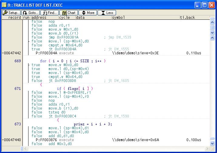 Further NEXUS Trace Analysis Display of the T-Bit in the Trace.List Window The option LIST.EXEC or the command TRACE.