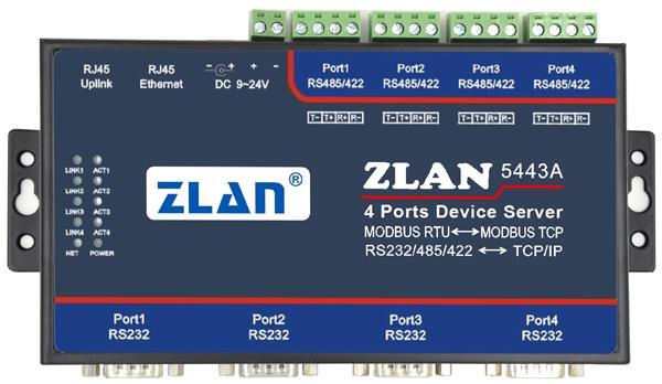 Figure 3 ZLAN5443A Front View 1) Size: L x W x H =9.2cm 19.7cm 2.5cm 2) Power supply: the standard power adaptor (5.5mm inner core is positive) or power binding post can be used.