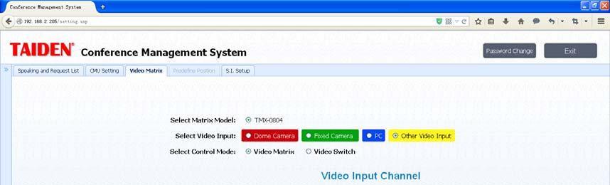 5.2.4 Video Matrix It includes Video Matrix and Video Switch. The matrix, TMX-0804, is a high definition video matrix which includes one 8x4 video matrix. 5.2.4.1 Video Matrix The setup of the Video Matrix interface is shown in the following figure: Figure 5.