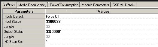 PROFINET Scanner Parameters (Settings Tab) Inputs Default: Choose whether the RX3i CPU will set inputs from any modules in the PNS module s remote node to Off or Hold Last State in the following