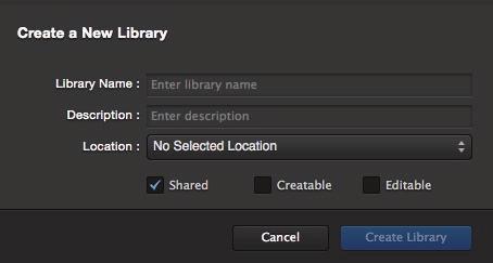 Library Name (Required) Description (Optional) Location (Required) Set permissions for shared Library (Optional) Shared: Make the Library accessible to users on