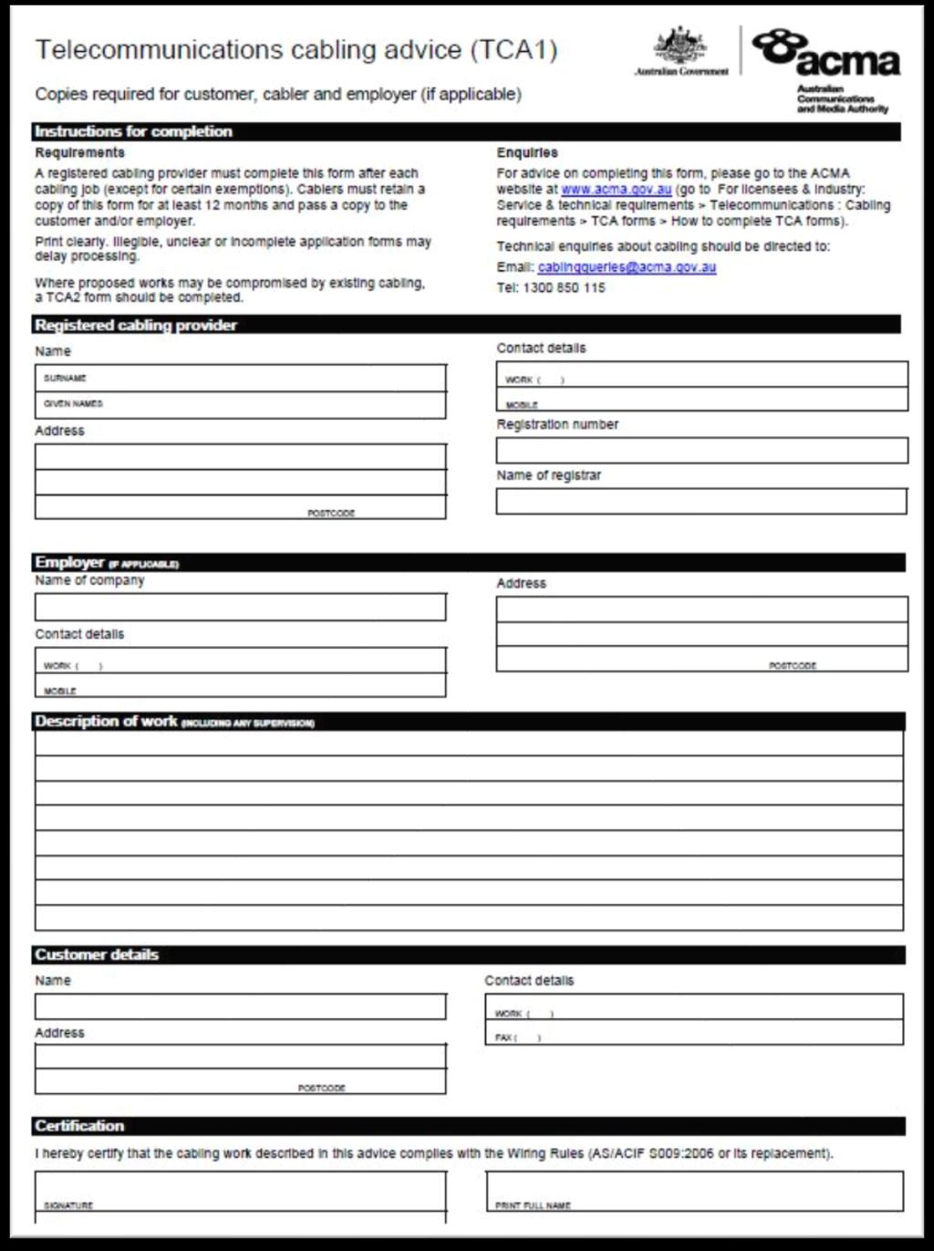 - 19 - Appendix A - Sample TCA 1 form The original form is available from