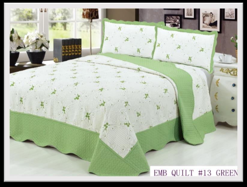 Embroidered 3 Pieces Quilt Set Features: 3 Piece Quilt Set (Twin only 2 pcs) 30% Cotton and 70% Polyester Machine Washable Light