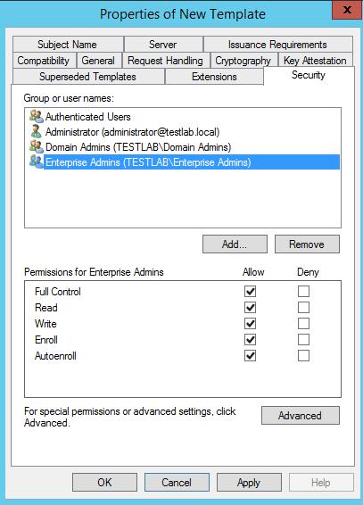6. On the Properties of New Template window, on the Security tab, select a group or a user in the Group or user names section and then set permissions for that group or user in the Permissions