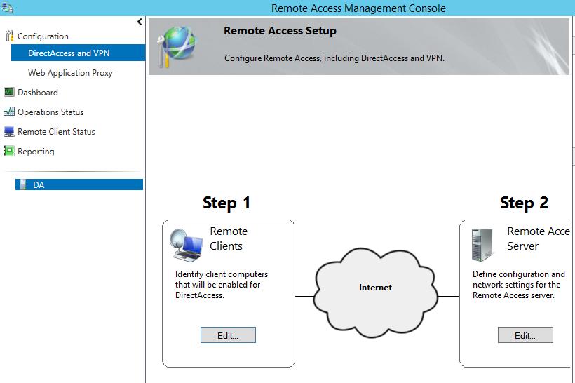 Log in to the machine on which DirectAccess is configured and open Remote Access Management Console.