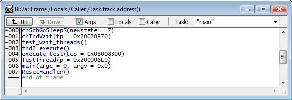 For displaying the call stack of a specific task, you can use the following command: Frame /Task <task> Display call stack of a task.