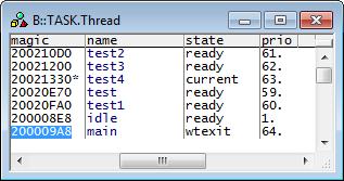 TASK.Thread Display threads TASK.Thread [<thread>] Displays the thread table of ChibiOS or detailed information about one specific thread.