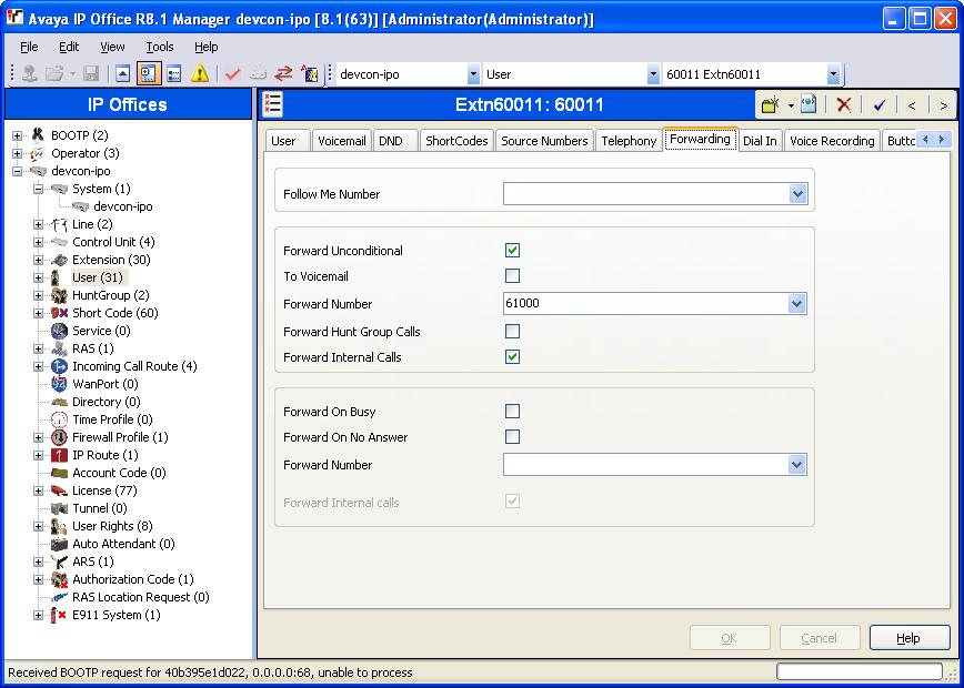 Select the Forwarding tab and select the Forward Unconditional and Forward Internal Calls checkboxes and set the Forward Number field to the CCS SIP extension, which is 61000 configured in Section 5.
