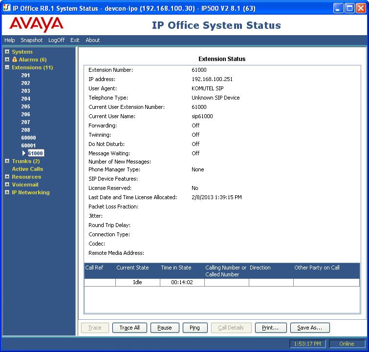 7. Verification Steps This section provides the tests that can be performed to verify proper configuration of Avaya IP Office and Komutel CCS. 1. From the Avaya IP Office R8.