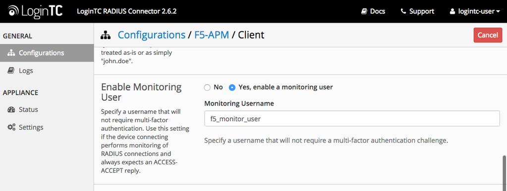 7. Enter a Monitoring Username that matches the configured Server Pool Monitor in F5 8. Click Test to validate the values and then click Save.