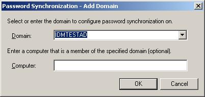 The drop-down list displays known domains. The Identity Manager PassSync utility discovers all the domain controllers for that domain, and installs pwfilter.dll on each domain controller.