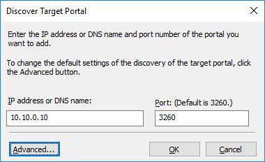 Click the Discover Portal button again. Discover Target Portal dialog appears. Type in the first IP address of the partner node you will use to connect the secondary mirrors of the HA devices.